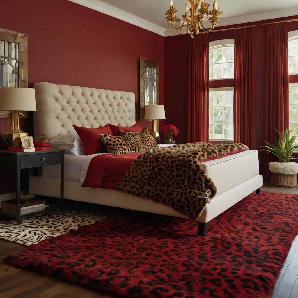 Cheetah print rugs add a wild touch to red bedrooms. Soft red bedding complements the bold rug design.