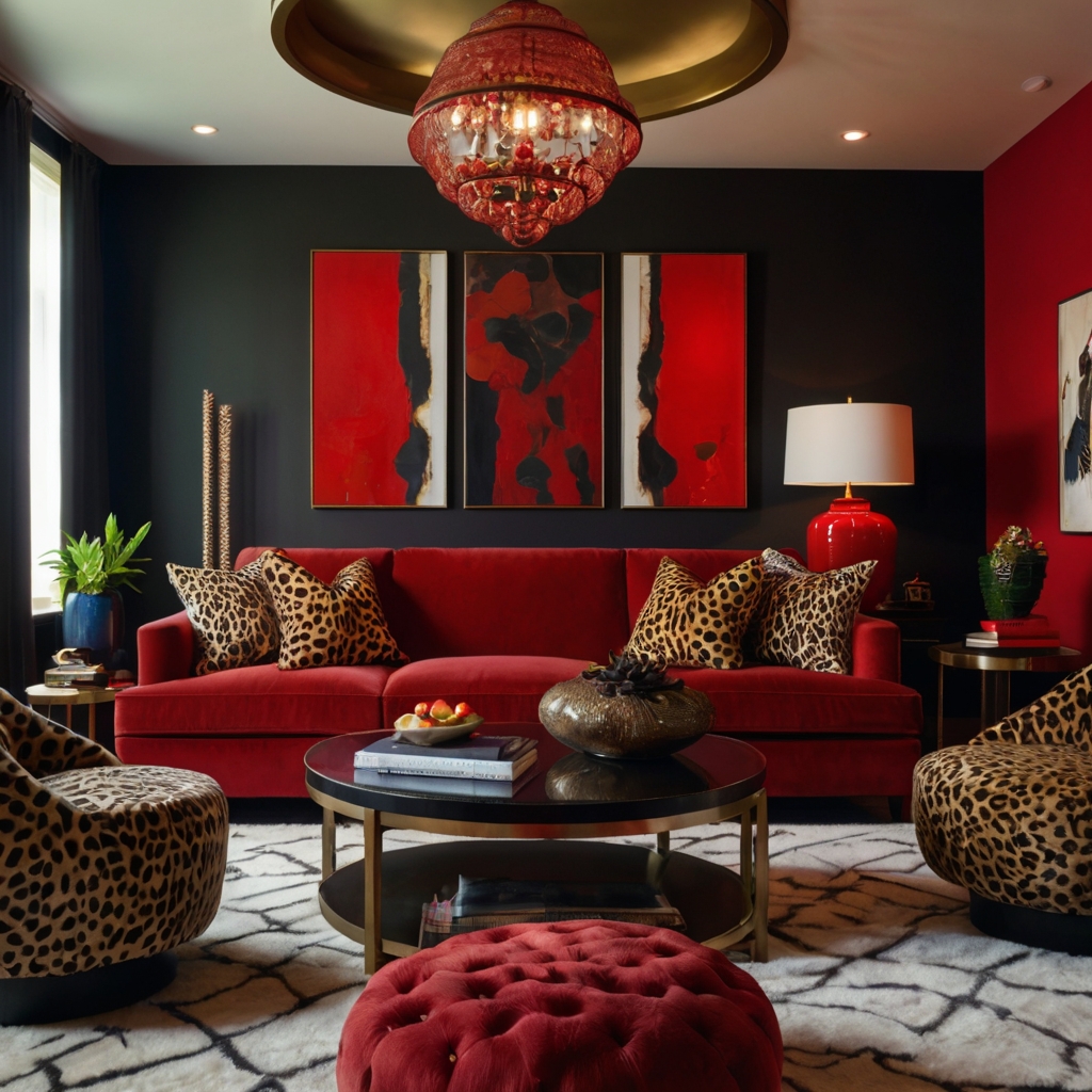 A bold combination of red tones and cheetah print accessories creates a vibrant atmosphere. Sleek furniture balances the intensity.