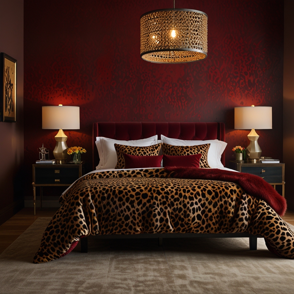 Cheetah print bedding and red accents energize the room. Soft lighting creates a warm and inviting atmosphere.