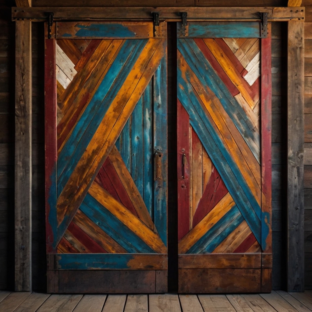 Barn door with bold chevron patterns in contrasting colors. Bright lighting makes the dynamic design pop.