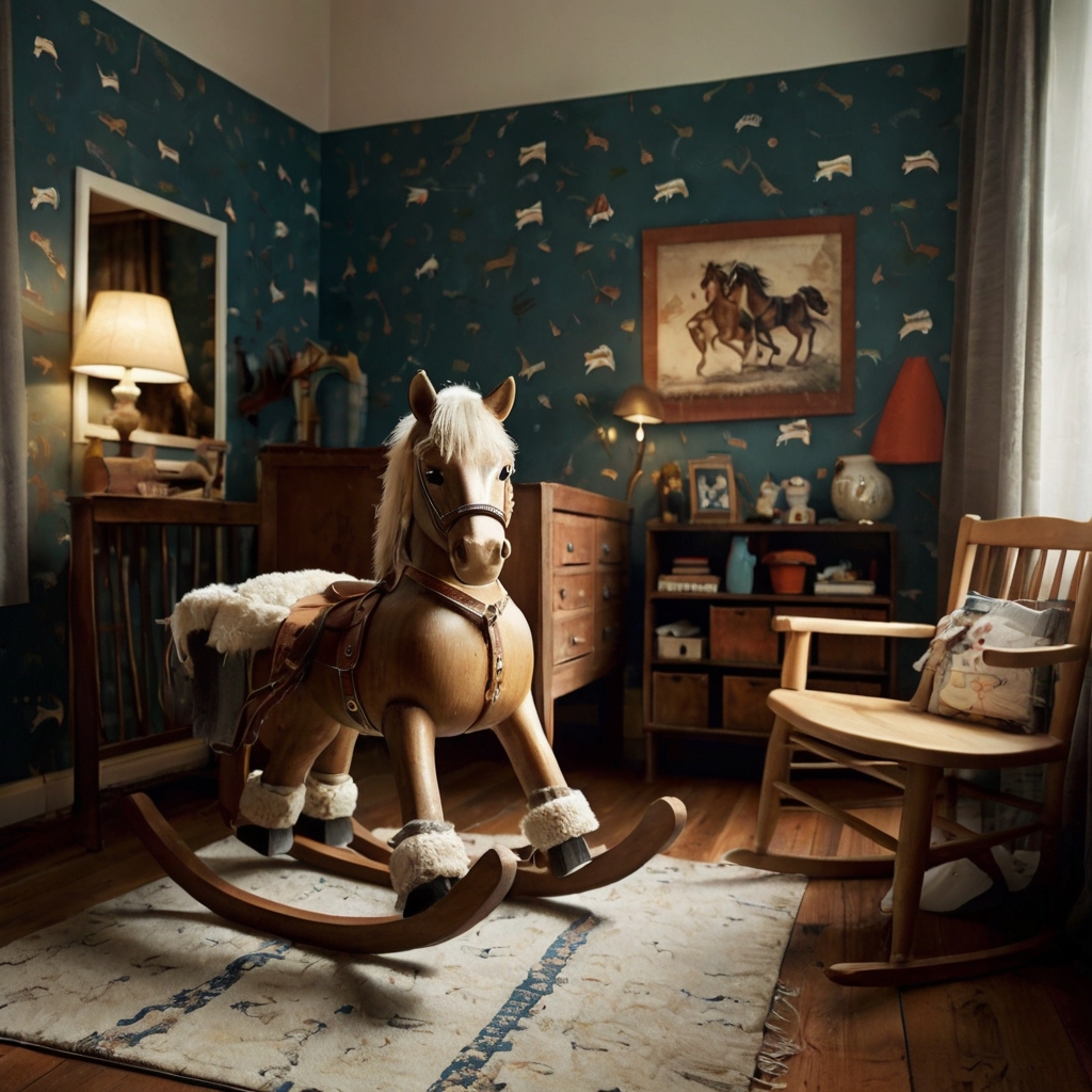 A wooden rocking horse in the corner adds whimsy to the vintage room. Soft light and wooden accents enhance the nostalgic atmosphere.