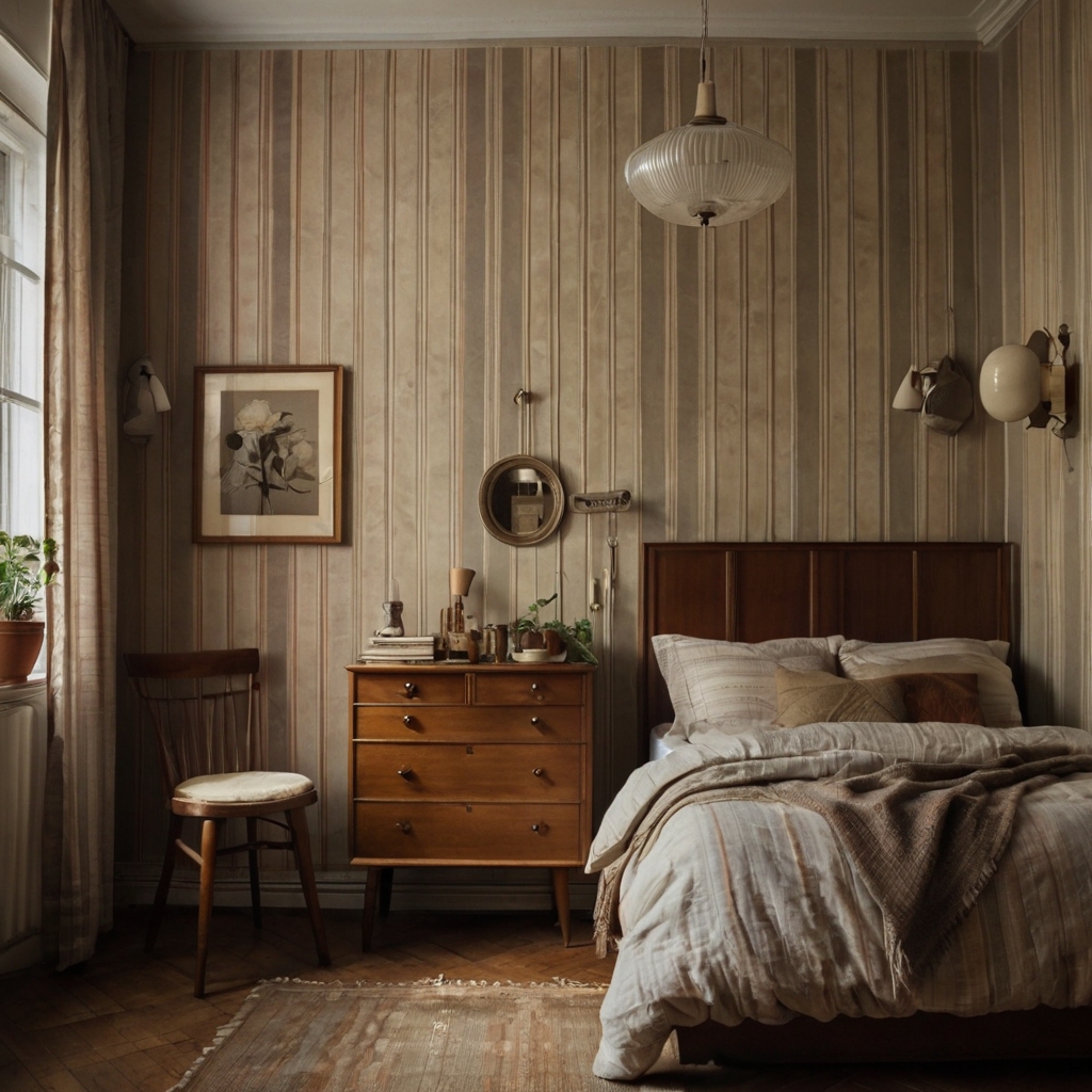 A vintage bedroom with muted beige and gray striped wallpaper, soft light casting gentle shadows. The room features retro furnishings, adding a cozy ambiance.