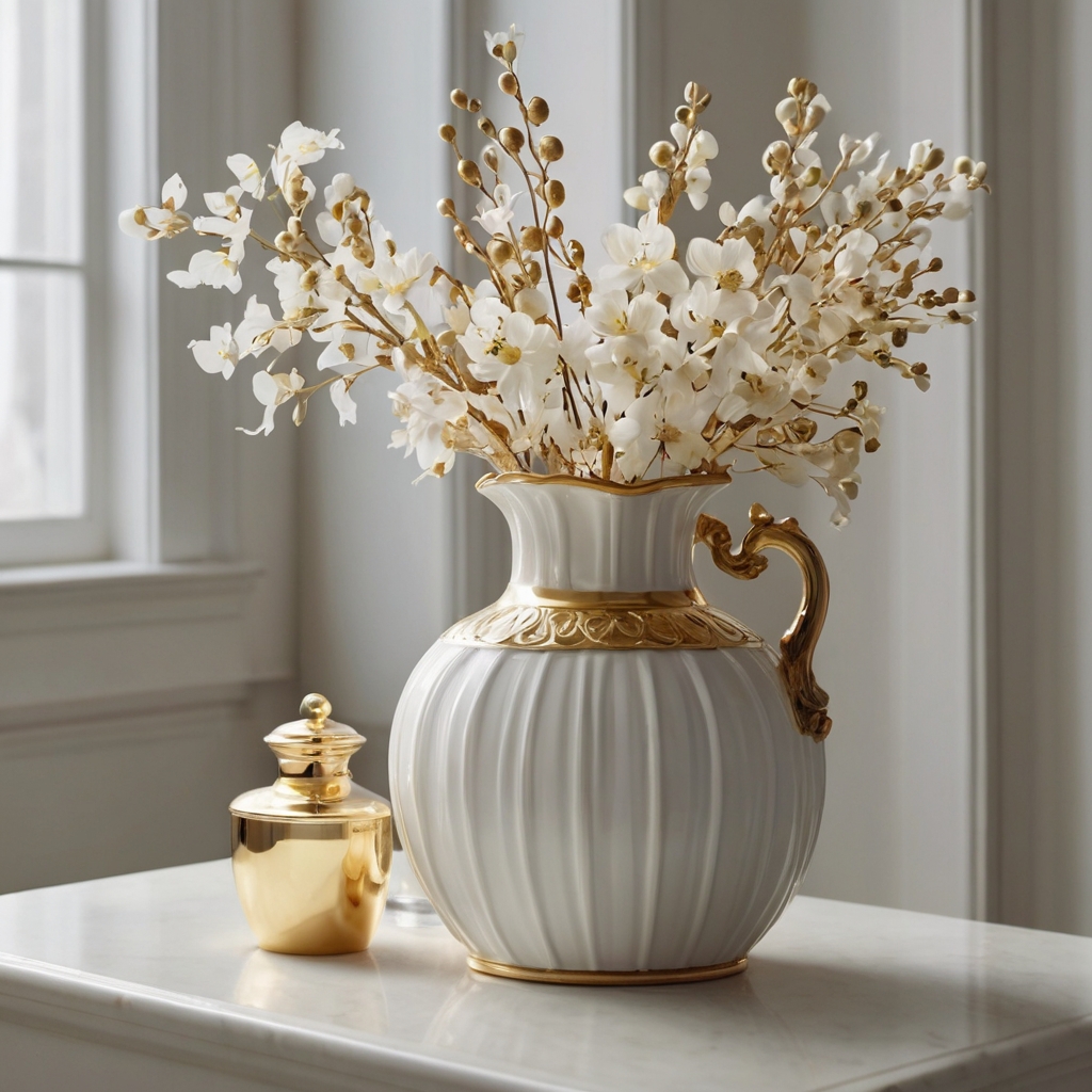 Classic white vase with gold accents, warm light reflecting elegance and timeless sophistication in the design.