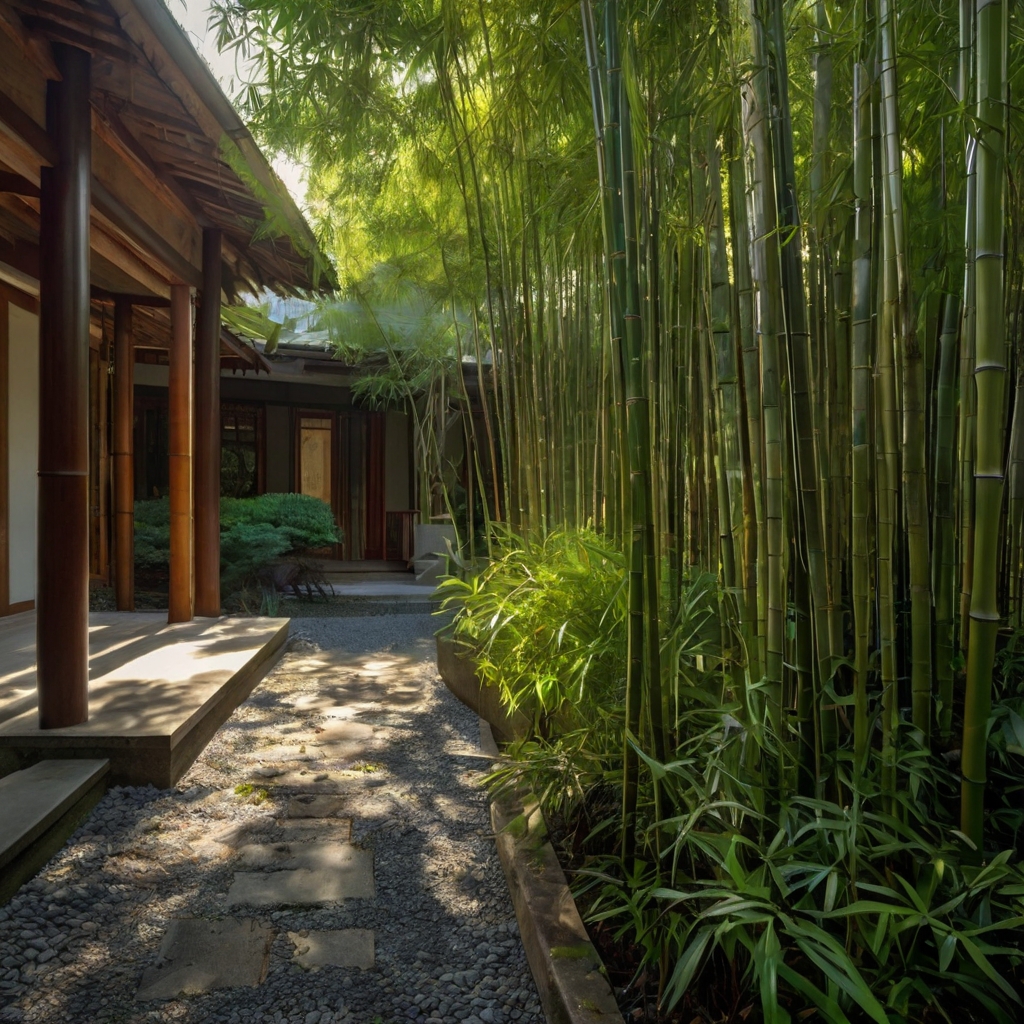 Clumping bamboo in a small garden with thick green stalks, soft morning light, and a stone pathway. The bamboo grows in tight clusters, casting dappled shadows.