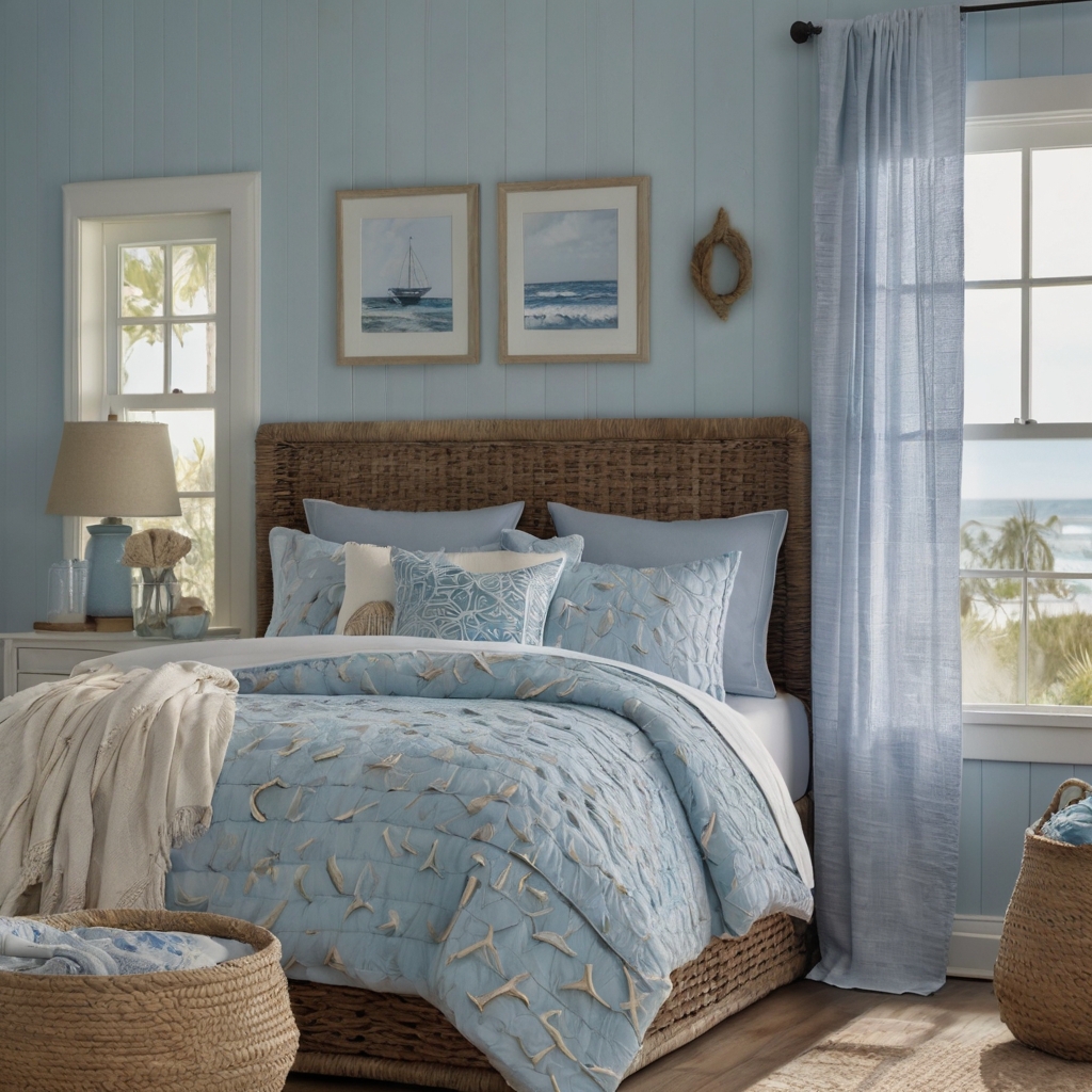 Serene pastels and nautical decor create a tranquil coastal retreat. Bring the beach vibes to your bedroom with these soft hues!