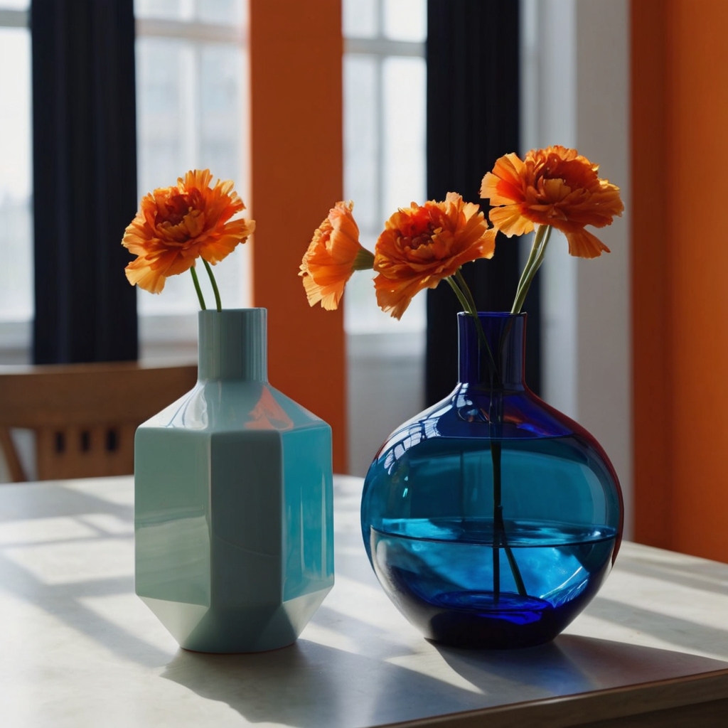 Modern vase with bold color blocks in orange and blue, front lighting illuminating sharp contrasts and striking edges.