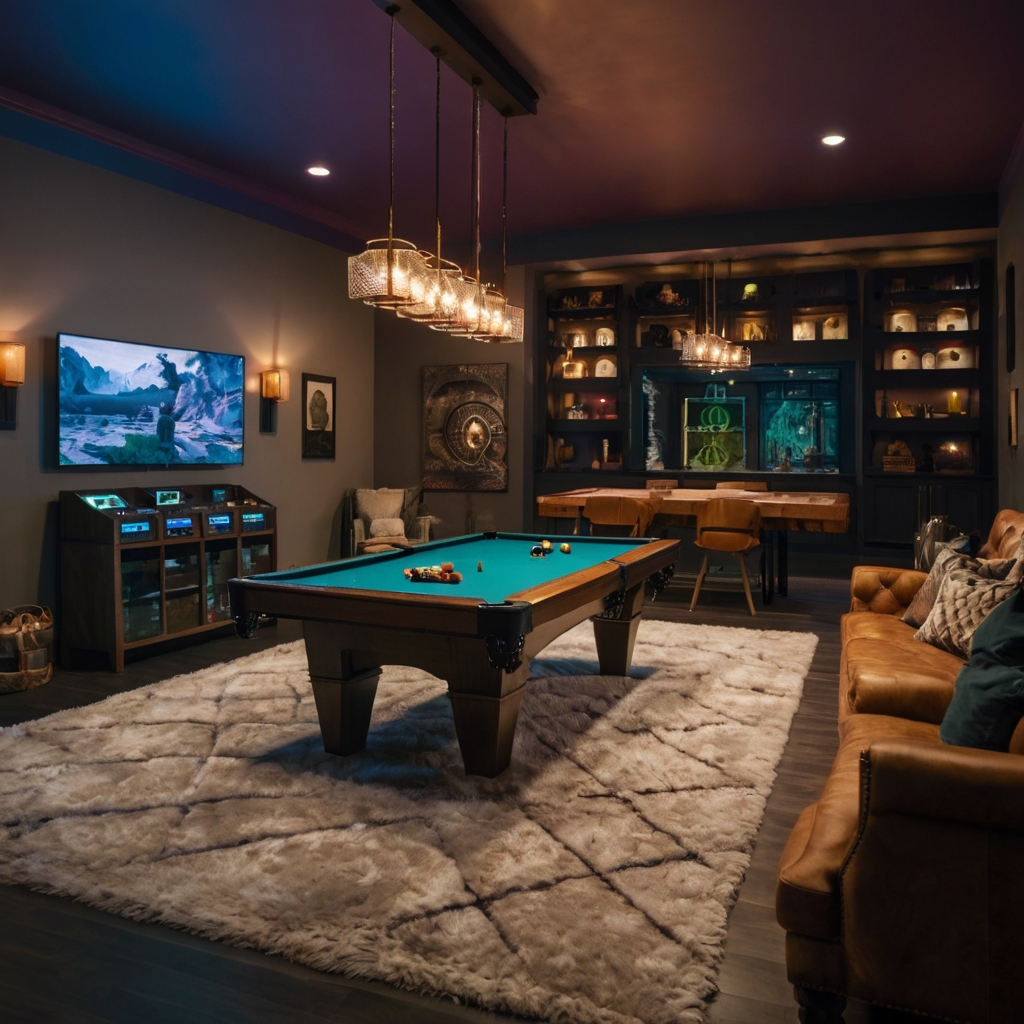 Balance bold accent walls with soft lighting to craft a cozy, visually stunning game room.