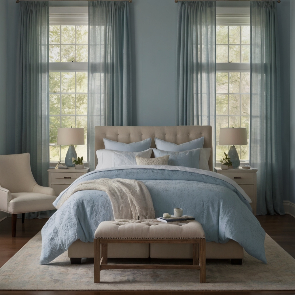 Soft blues and pastels create a peaceful, serene bedroom. Natural light enhances the tranquil vibe.