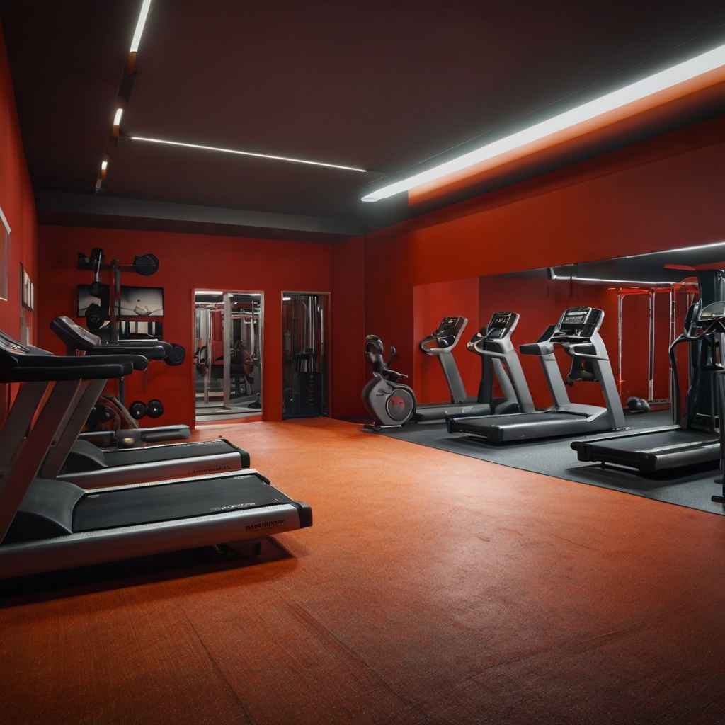 A vibrant gym with energizing red and orange tones on the walls and accents. Dynamic spotlights highlight the bold colors, enhancing the workout mood.