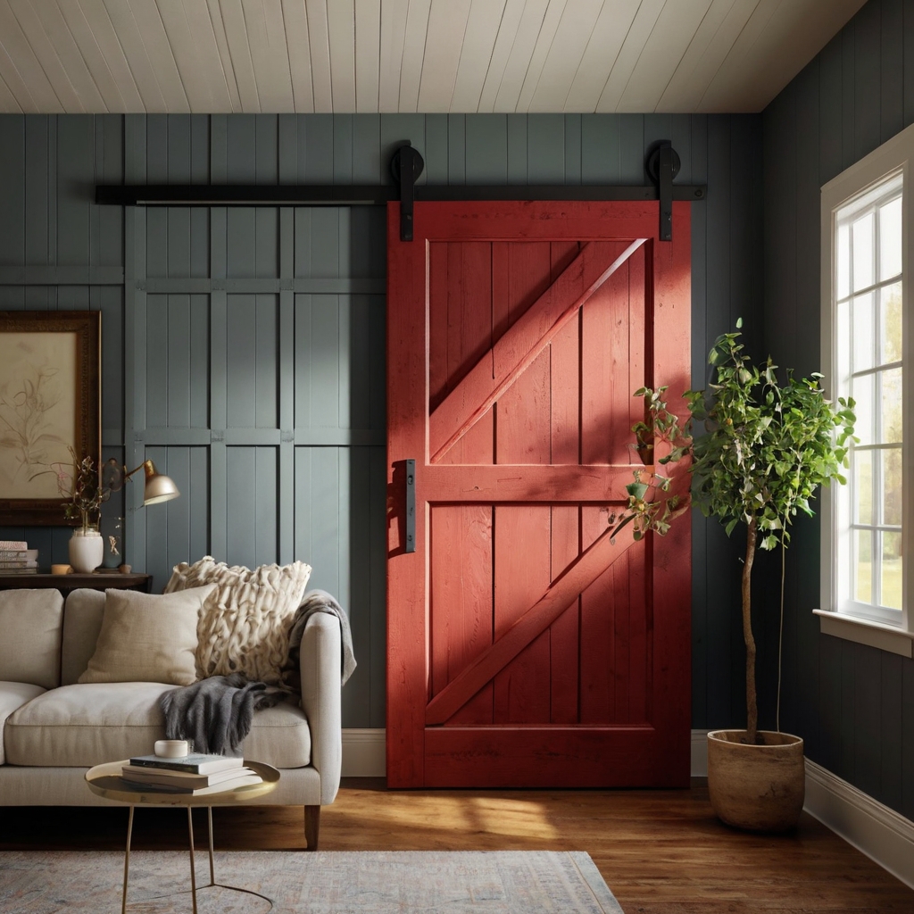 Vibrant barn door standing out against a neutral room. Bright lighting emphasizes the bold color.