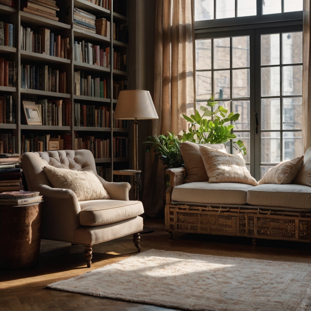 A large, plush chair with neutral-colored cushions, bathed in soft natural light, offering a warm, welcoming atmosphere for avid readers.