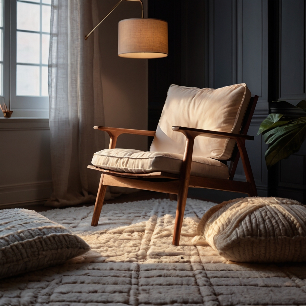 A warm, cozy chair with soft cushions, surrounded by soft, ambient lighting. The calm room emphasizes comfort and invites hours of reading.