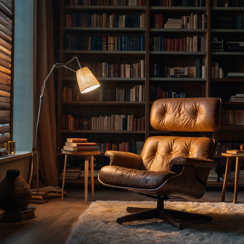 A minimalist, soft leather chair next to a warm lamp, with soft, ambient lighting that creates the ideal cozy environment for book lovers. The calm atmosphere is perfect for long, uninterrupted reading sessions.