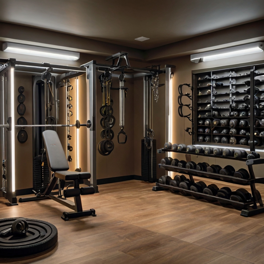 A well-organized gym with wall-mounted shelves and hooks for efficient storage. Soft lighting creates a cozy, functional space.