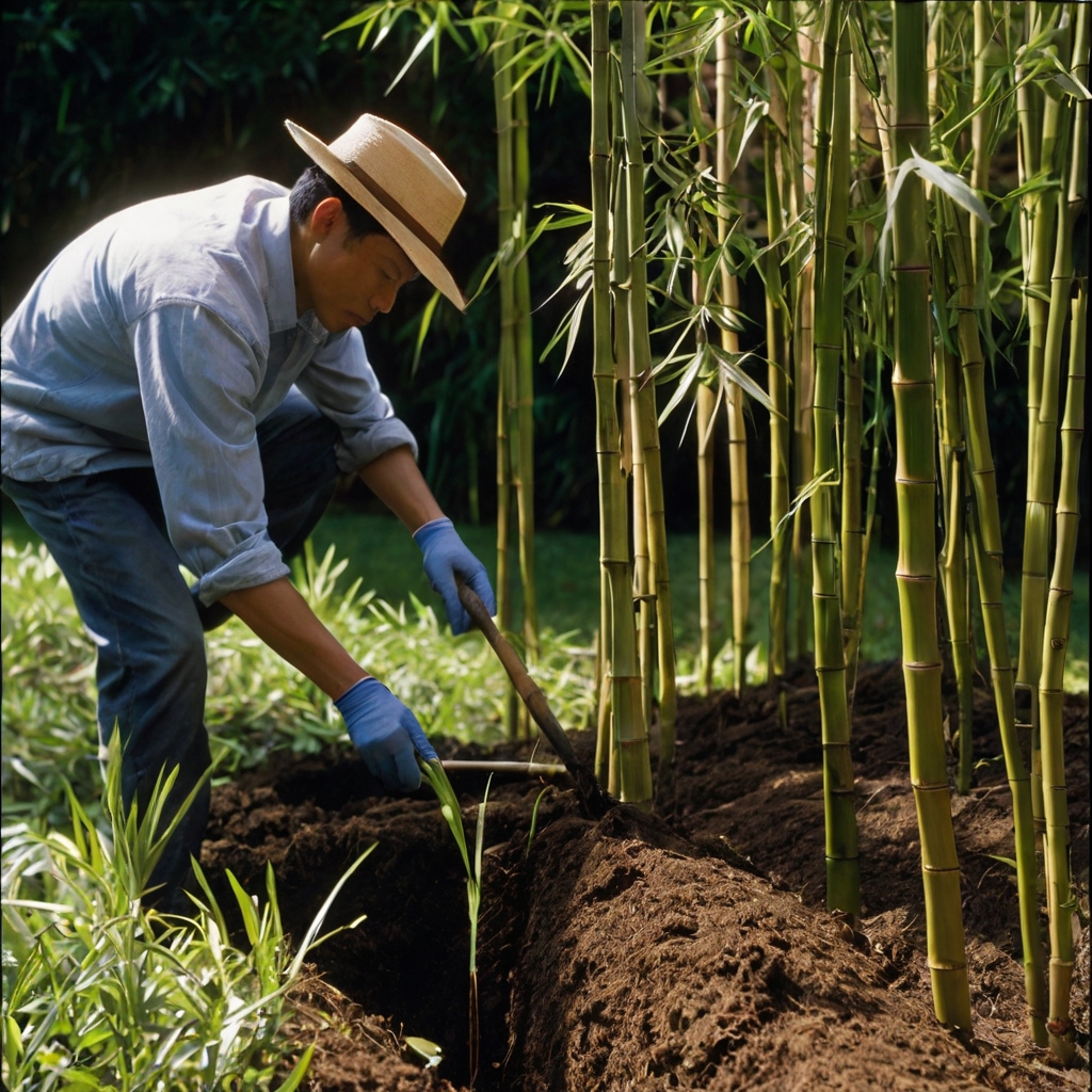 Wide-angle view of a gardener installing a polyethylene barrier to control bamboo spread. The early afternoon light highlights the barrier and garden.