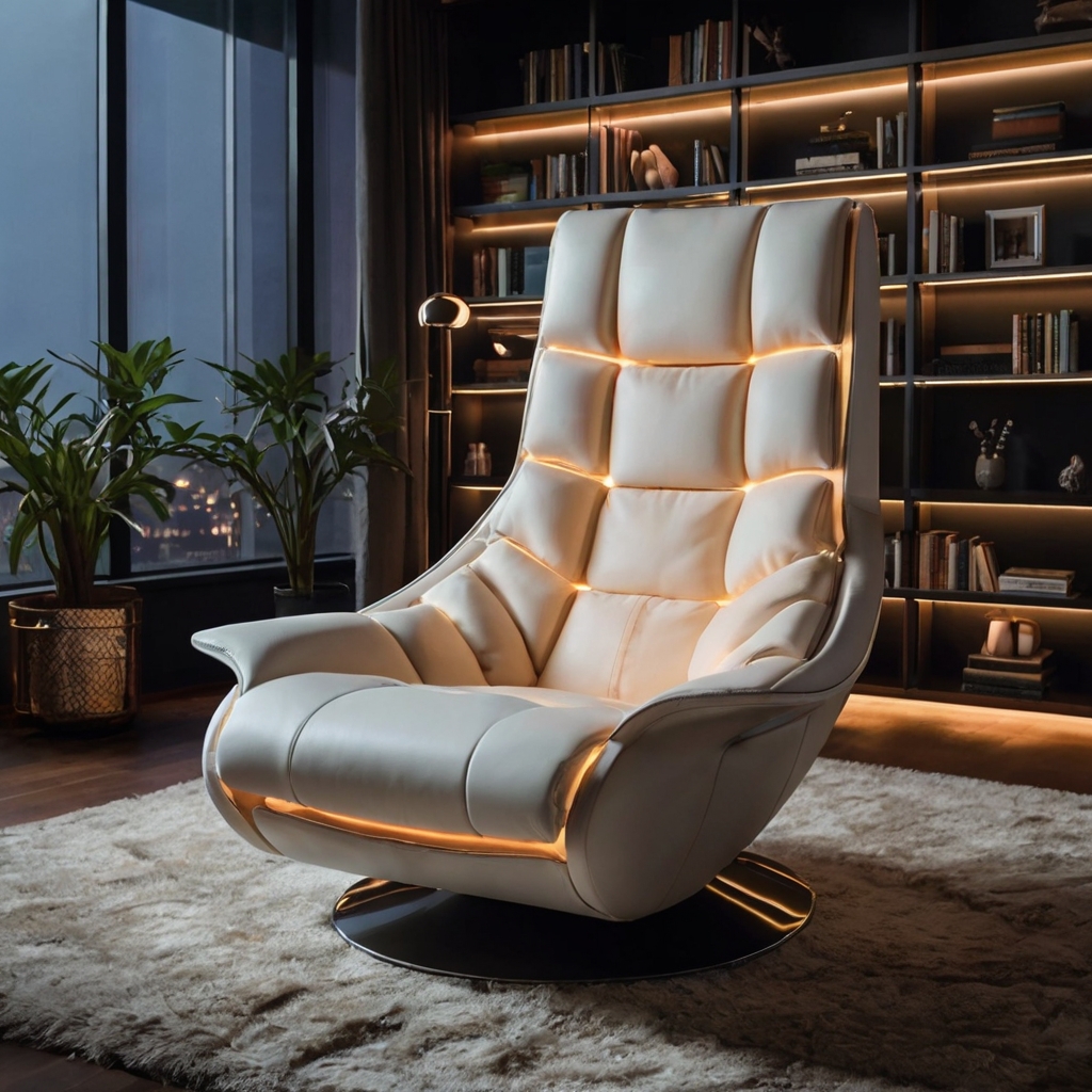 A futuristic, sleek reading chair with built-in support and plush cushions, illuminated by soft, indirect light. The modern home library setting enhances the chair's comfort and design.