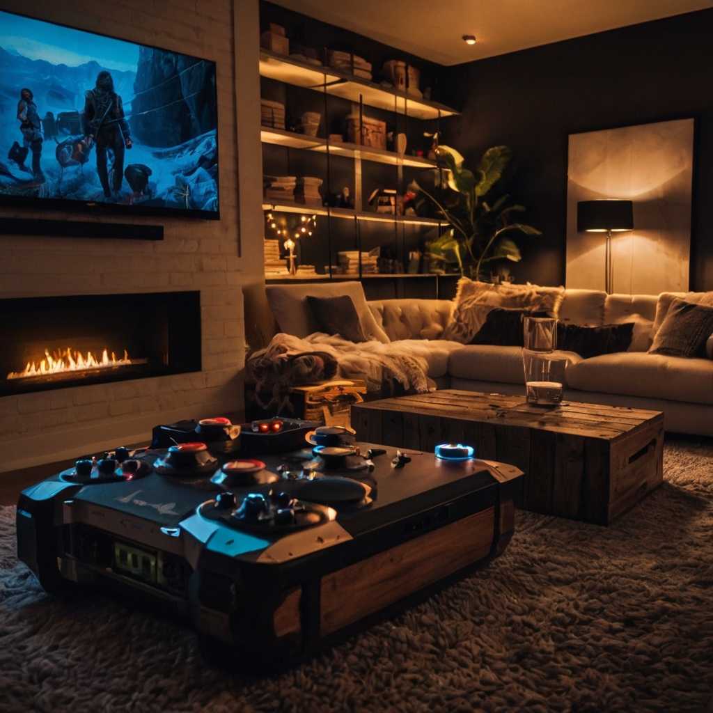 Enhance coziness with rugs, pillows, and ambient lighting, perfect for a warm and welcoming gaming space.