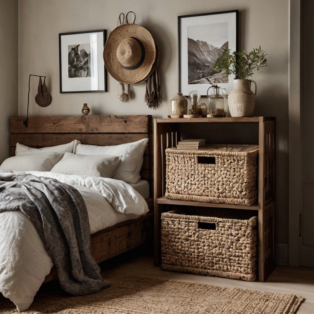 Woven baskets and rustic trunks provide functional, charming storage. Soft lighting complements the cozy decor, keeping the room organized.