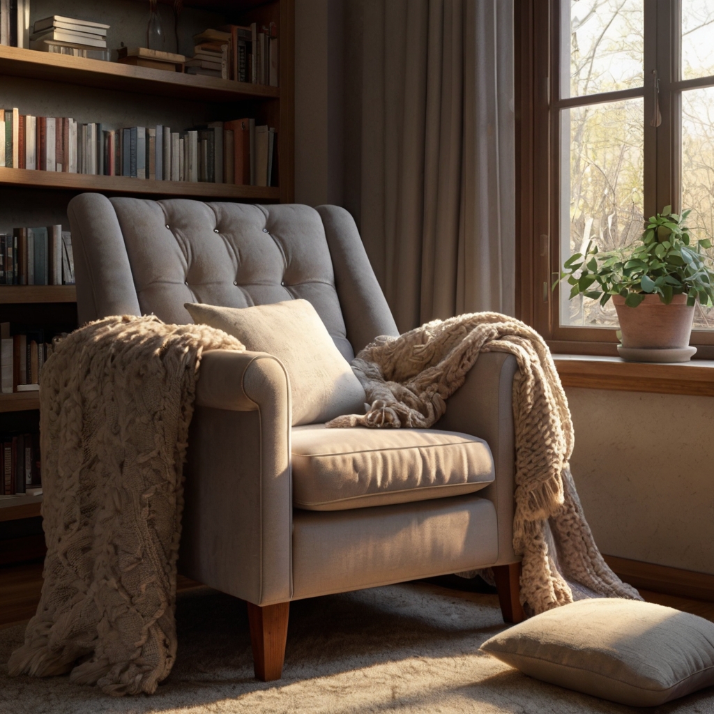 A serene chair by a large window, bathed in natural light with soft cushions and warm lighting, creating the perfect cozy reading nook. The peaceful ambiance is accentuated by surrounding bookshelves and soft throw blankets.