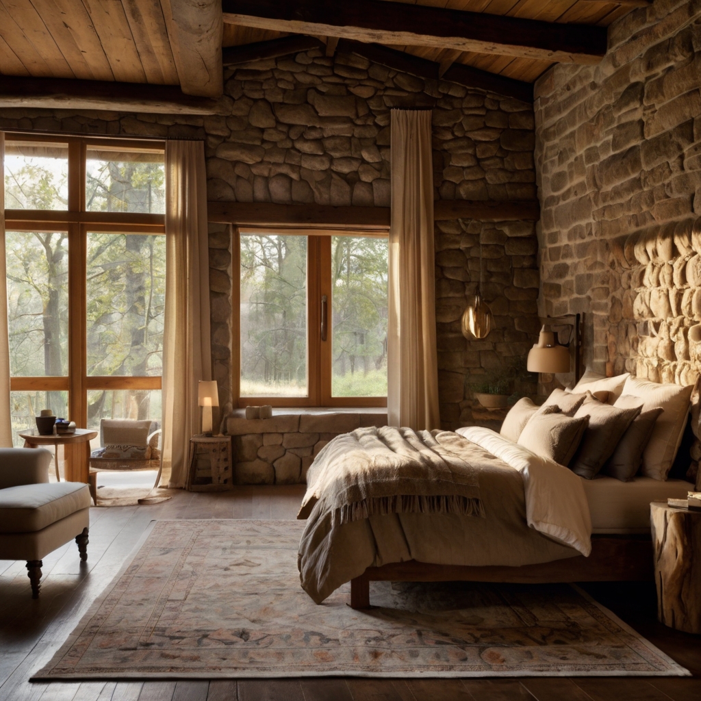 Warm rustic bedroom with wooden beams, stone fireplace, and cozy bed. Natural light filters in, creating a peaceful atmosphere.