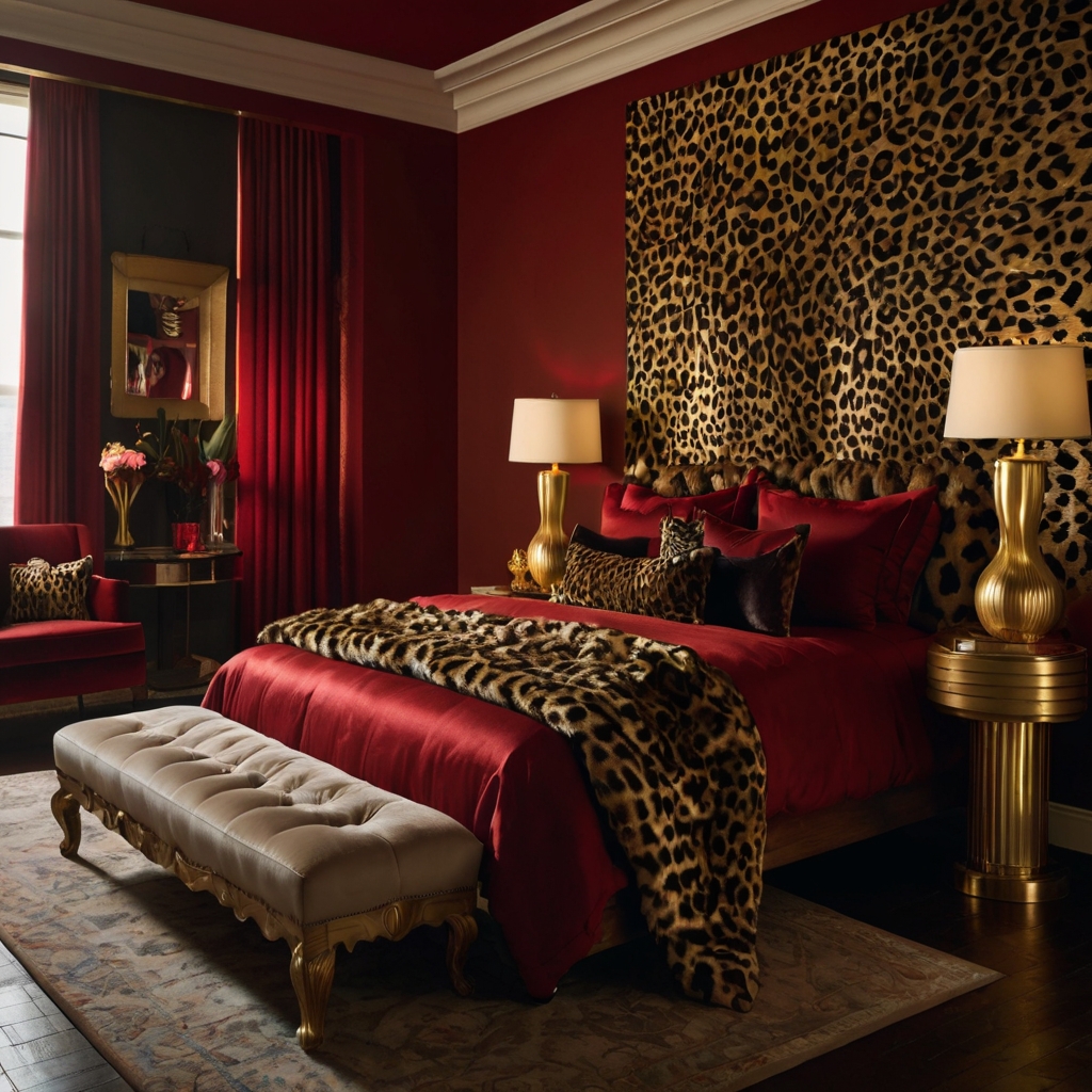 Embrace bold cheetah art and red bedding for a powerful bedroom look. Dramatic lighting adds intensity to the fierce atmosphere.