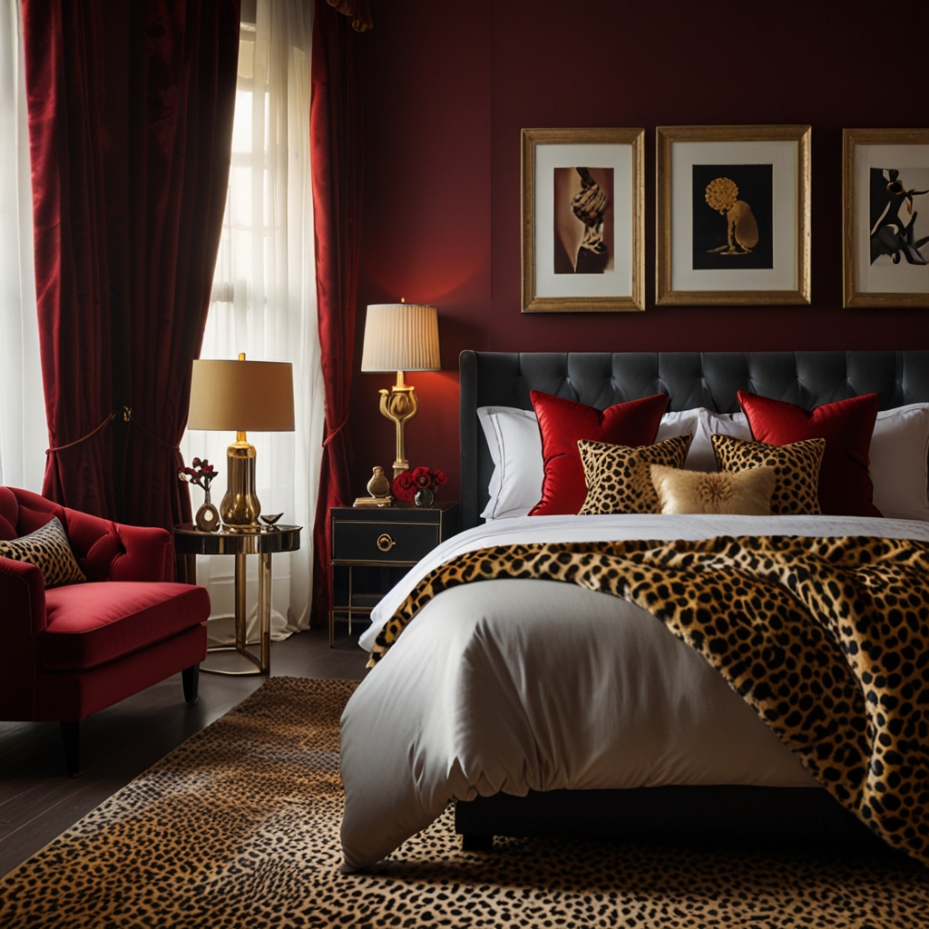 Luxurious red velvet cushions and cheetah print rugs add sophistication. Metallic accents enhance the opulent atmosphere.