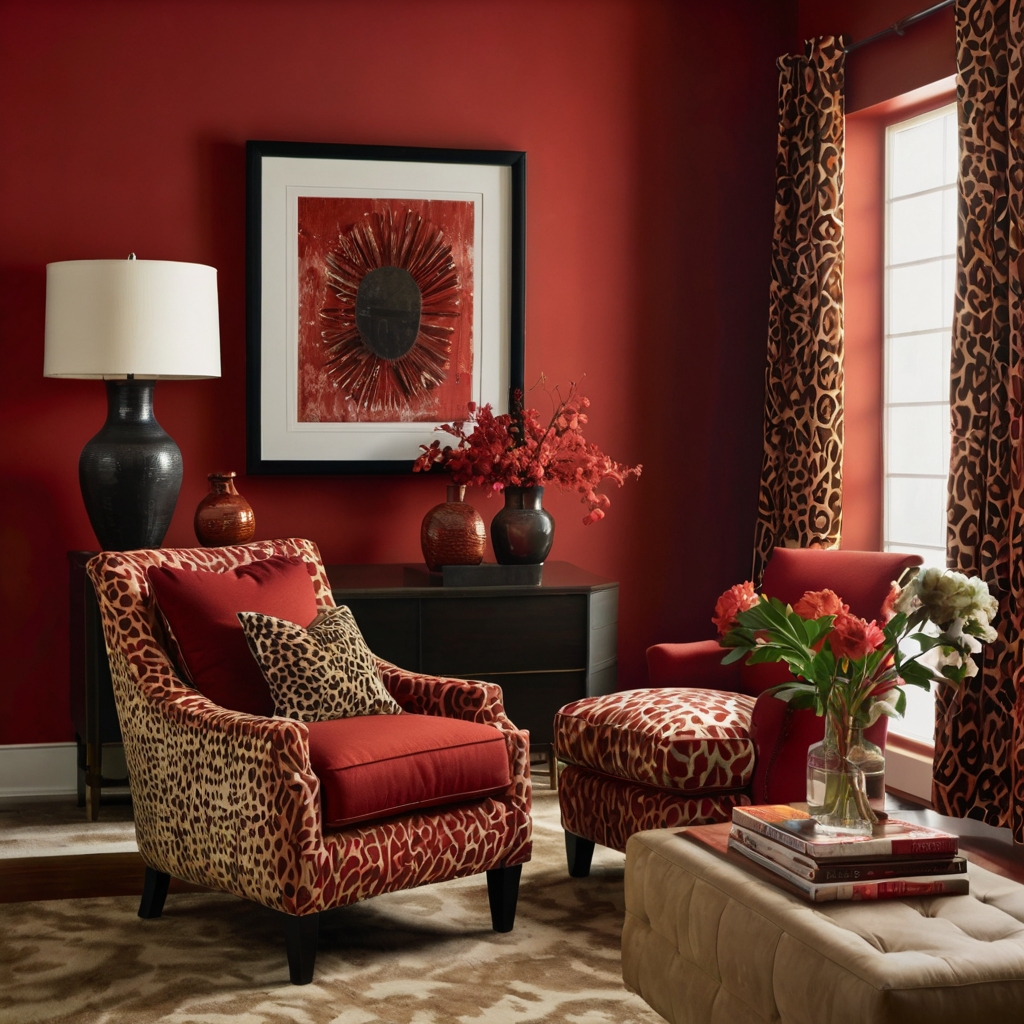 Balance bold red tones with subtle cheetah patterns. Neutral furniture grounds the space for a cohesive design.