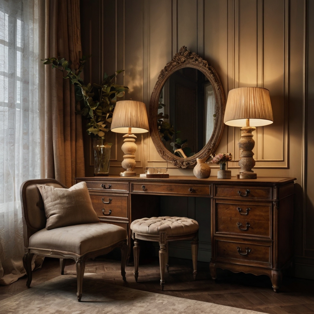 Design a snug, vintage dressing area filled with antique-style furniture, warm lighting, and vintage accents. Perfect for a cozy, welcoming atmosphere.