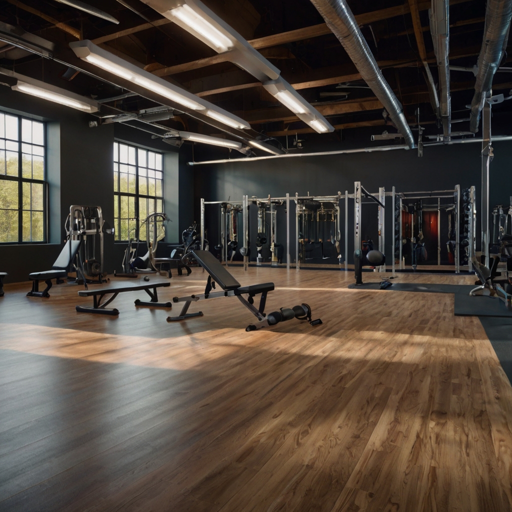 A spacious gym divided into strength training, cardio, and yoga zones. Bright, even lighting highlights the distinct activity areas in the room.