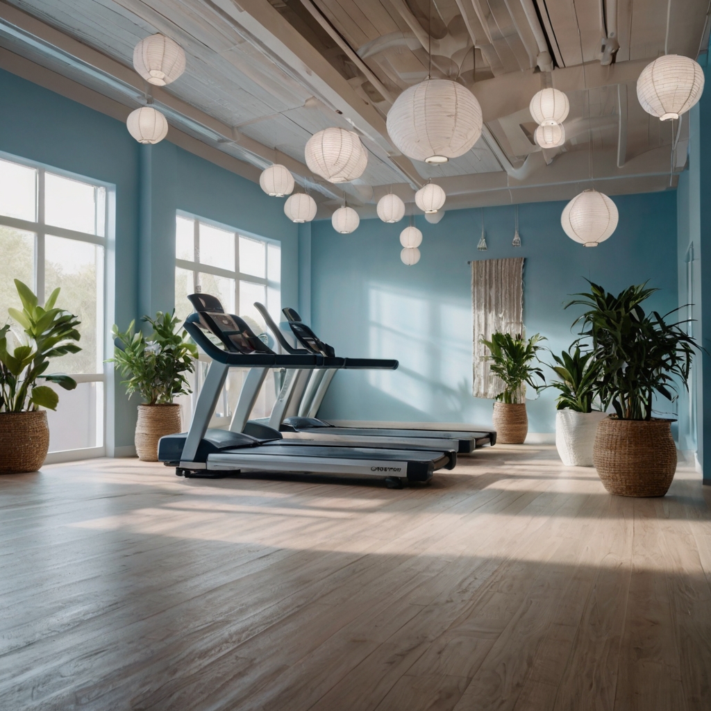 A peaceful gym with soft lighting, muted colors, and minimal decor. The space promotes relaxation and mindfulness during workouts.