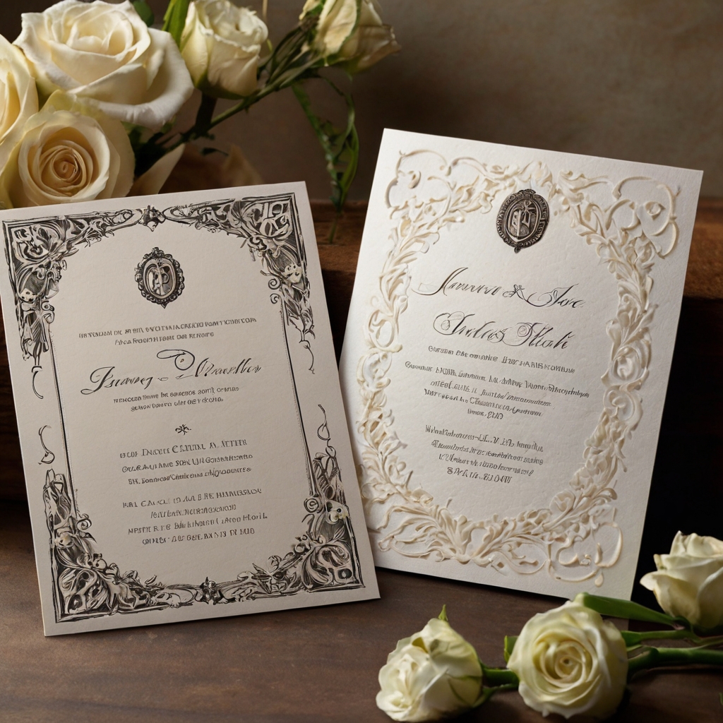 Personalized invitations, lit by soft light, highlight meaningful quotes. The warm glow adds a personal touch to the invite.