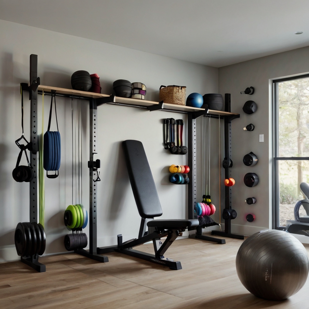 A gym with stylish bins, wall hooks, and custom shelves for accessories. Bright lighting highlights the neat and efficient storage system