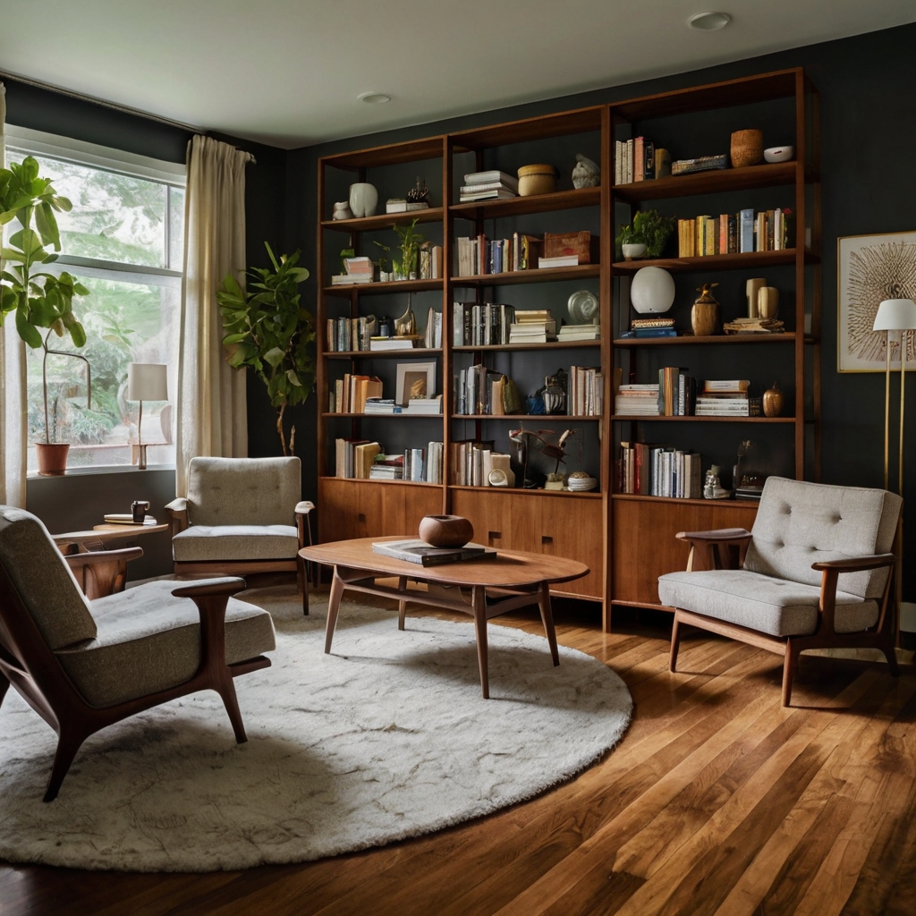 Mid-century modern room with curated bookshelves, showcasing books and decorative items.