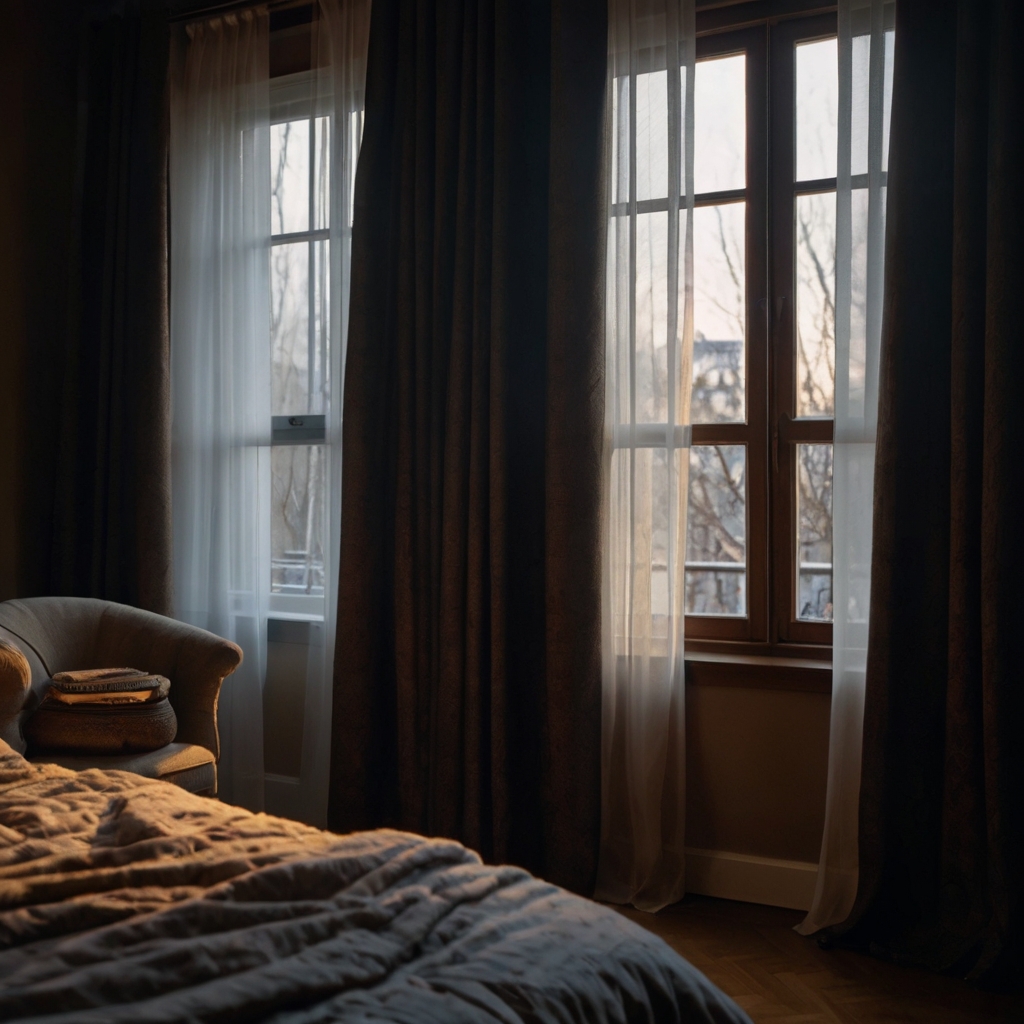 Thick curtains offer privacy and warmth, with soft lighting creating a tranquil atmosphere.