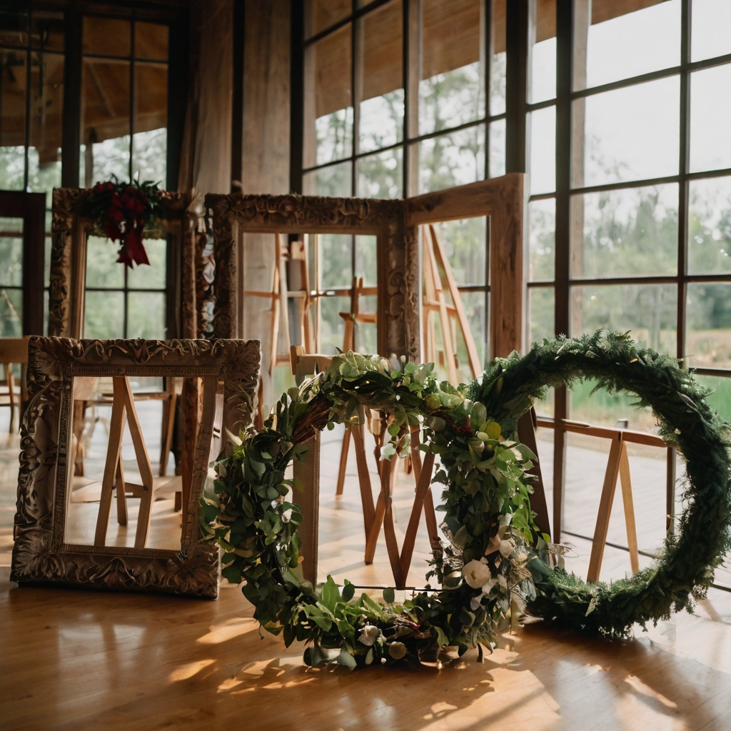 Handmade wreaths and frames are bathed in soft natural light. The DIY elements add a heartfelt, personal touch.