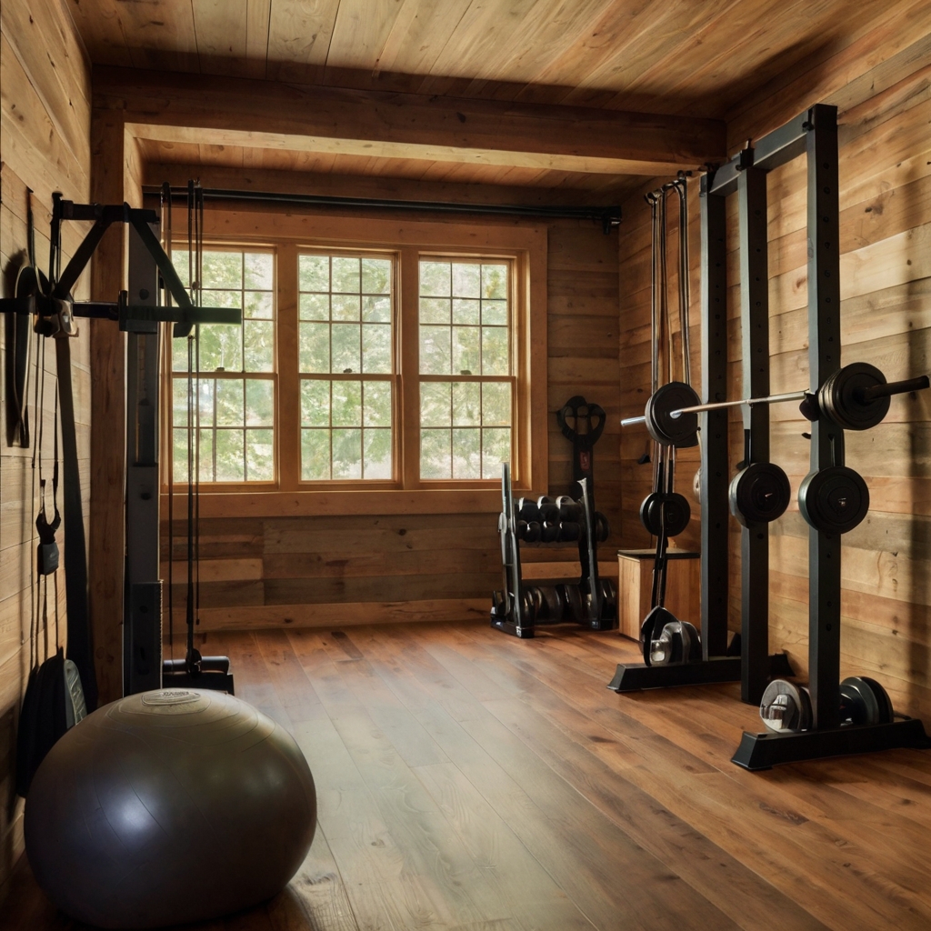 A creative gym featuring DIY equipment like resistance bands and wooden racks. The rustic, earthy tones add a personal touch.