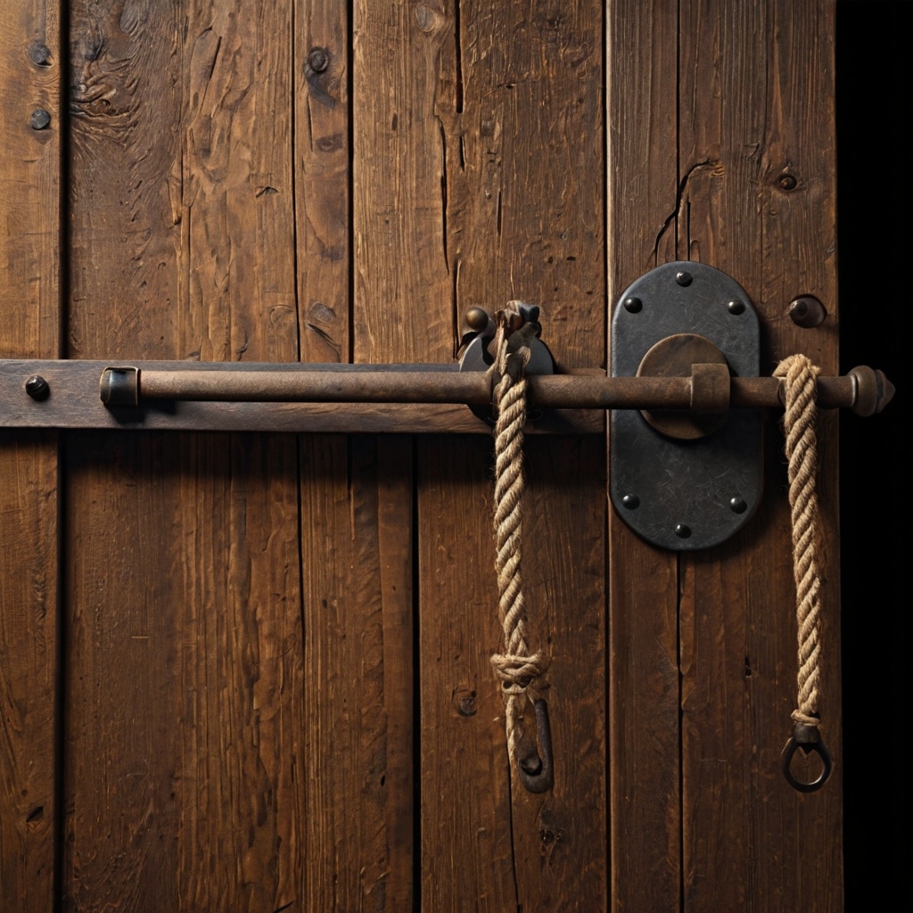 Barn door with unique DIY hardware like ropes or antique tools. Warm lighting focuses on the creative details.