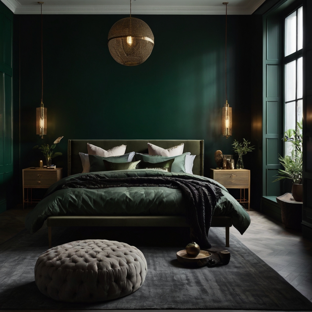 Deep forest green walls with metallic accents create a restful, enveloping space. Soft lighting adds warmth, making the room feel serene.