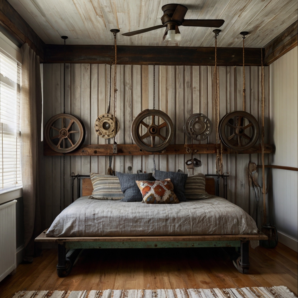 A vintage pulley mounted on the wall adds industrial charm to the room. Soft lighting highlights its rusted details, complementing the rustic decor.