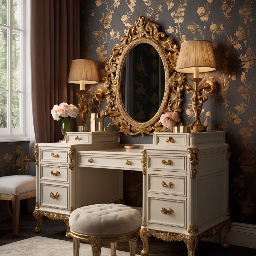 Create a dressing room with an ornate vanity set featuring floral motifs and gold accents. Soft lighting highlights the intricate details.