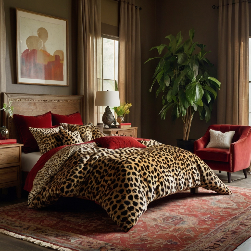 Red plush bedding and cheetah print pillows create a cozy atmosphere. Natural wood furniture adds warmth to the design.