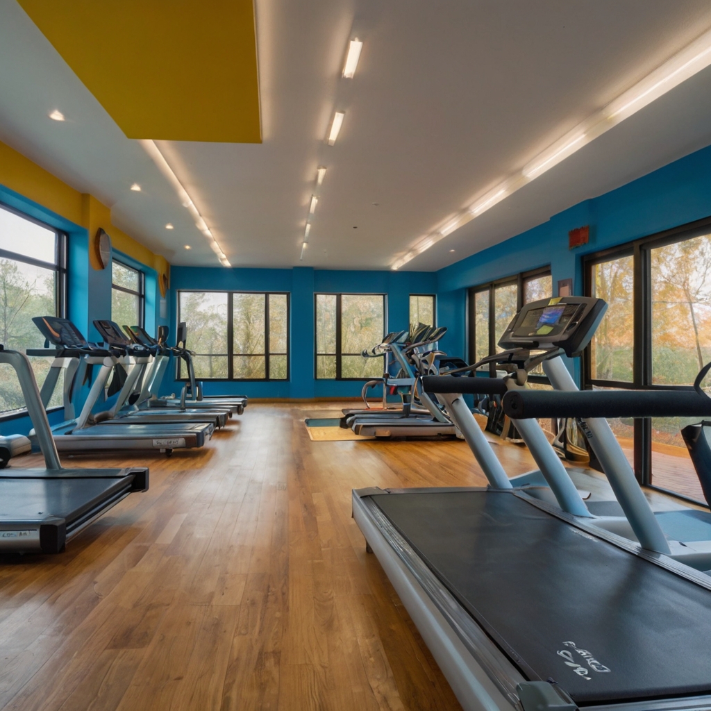 A family-friendly gym with equipment for all ages, including yoga mats and a kids' play area. The bright colors and welcoming lighting create a fun atmosphere.