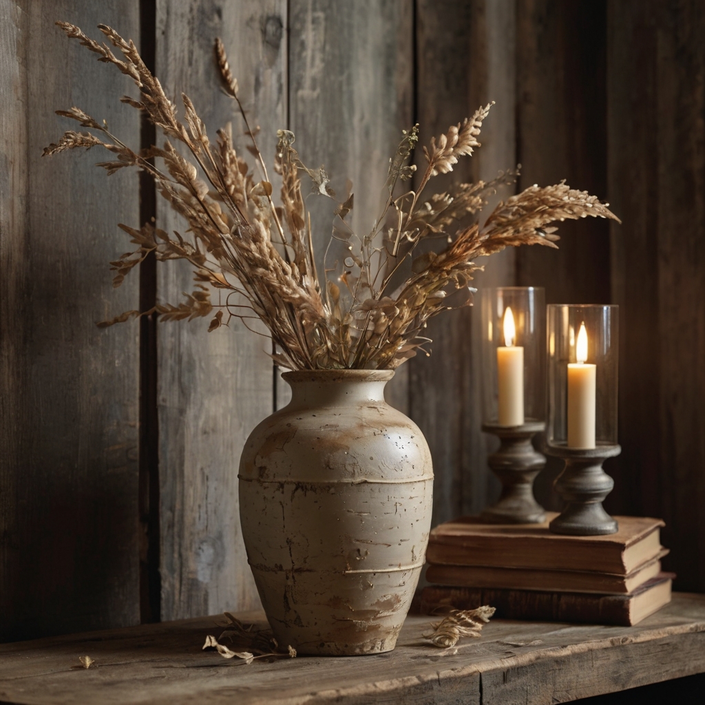 Rustic vase with distressed muted tones, soft lighting highlighting aged textures for a cozy, vintage charm.