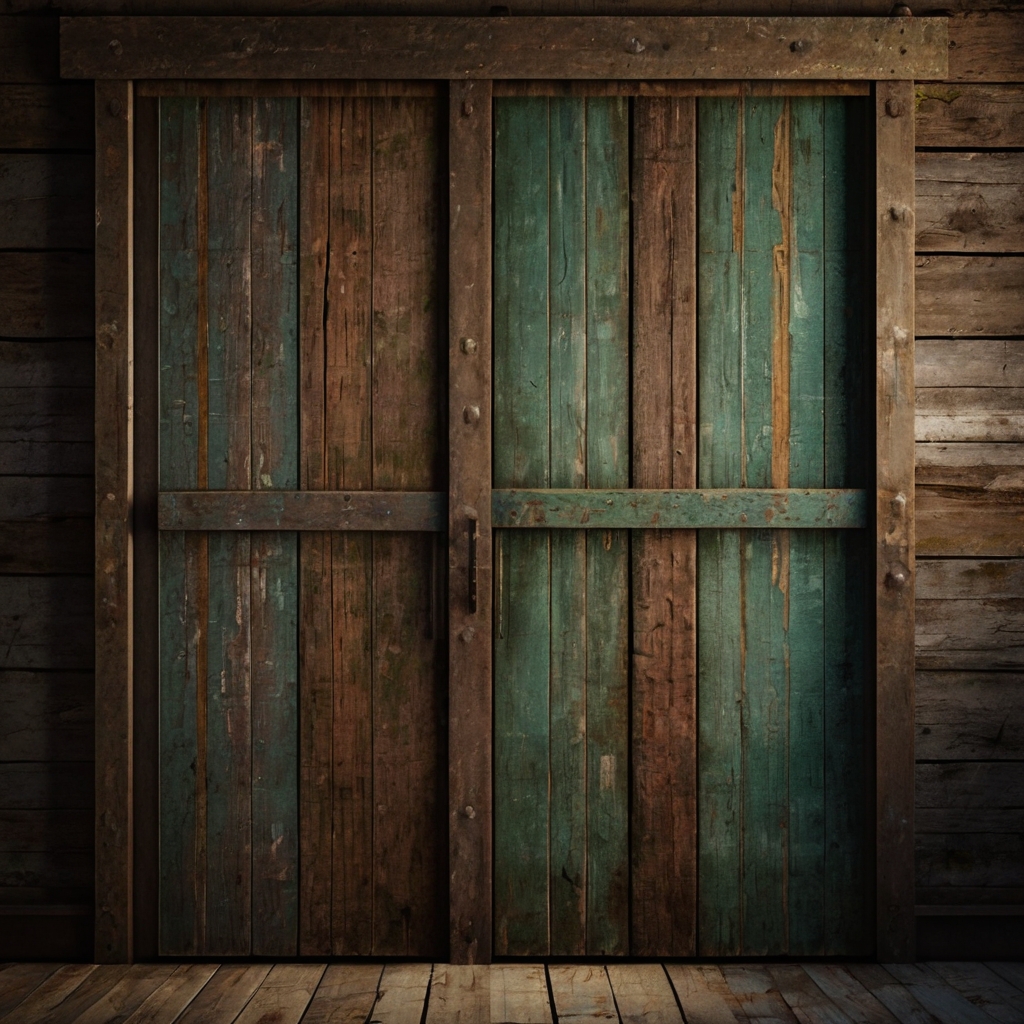 Barn door with distressed paint revealing wood underneath. Side lighting highlights the aged texture and vintage look.