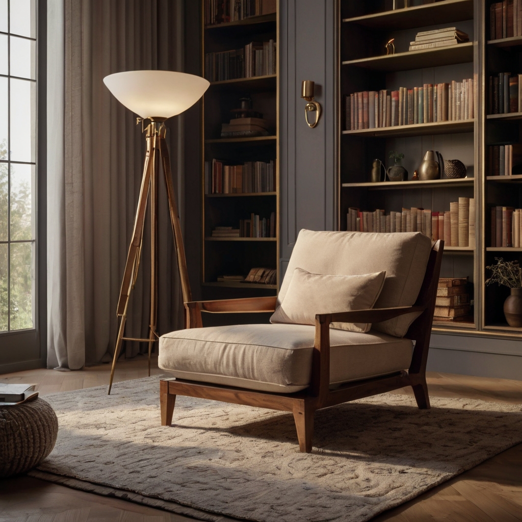 A luxurious armchair with deep cushions and elegant wooden frames, gently lit by soft light, creating a tranquil and stylish reading space. Surrounding décor includes a soft rug and bookshelves.