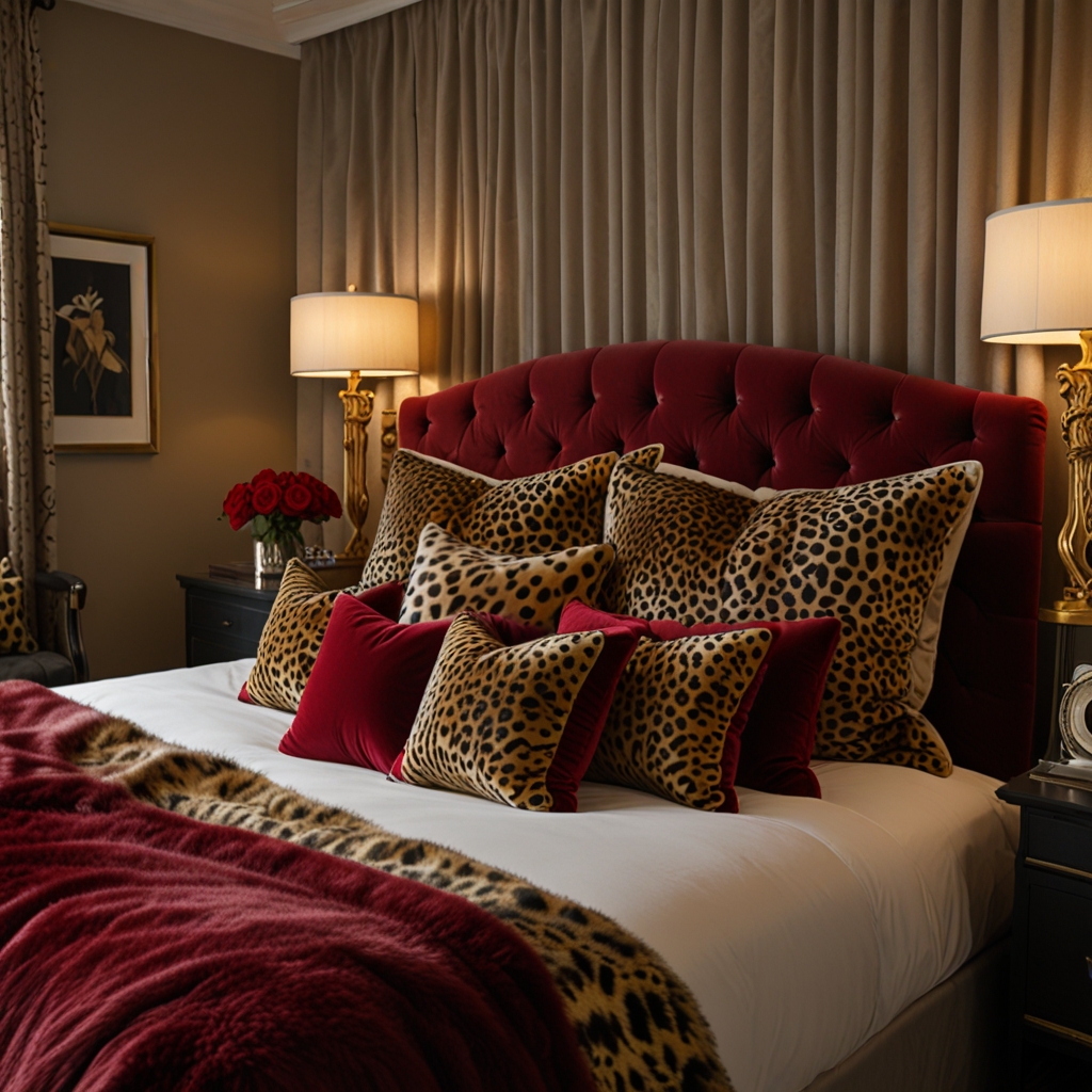 Red velvet curtains and cheetah print accents create an elegant space. Soft lighting enhances the luxurious, sophisticated vibe.