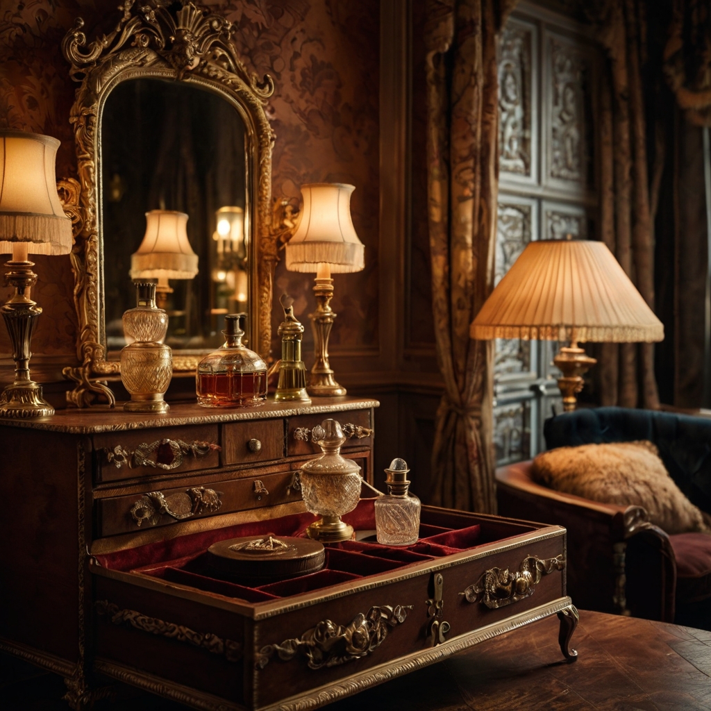 Highlight antique perfume sprayers, brass candle holders, and a vintage jewelry box. Soft, warm lighting brings out the intricate details of each piece.