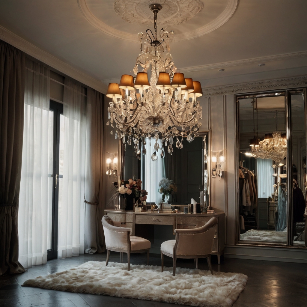 Design a vintage room with an elegant chandelier, casting warm light. The room should feel grand yet inviting.