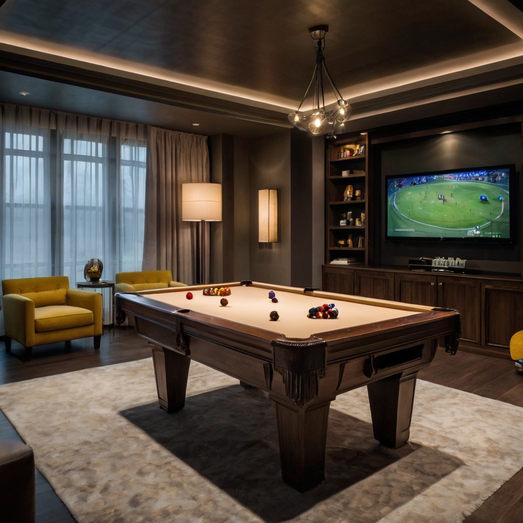 Blend style and function with multi-purpose furniture and cozy lighting in versatile game rooms.