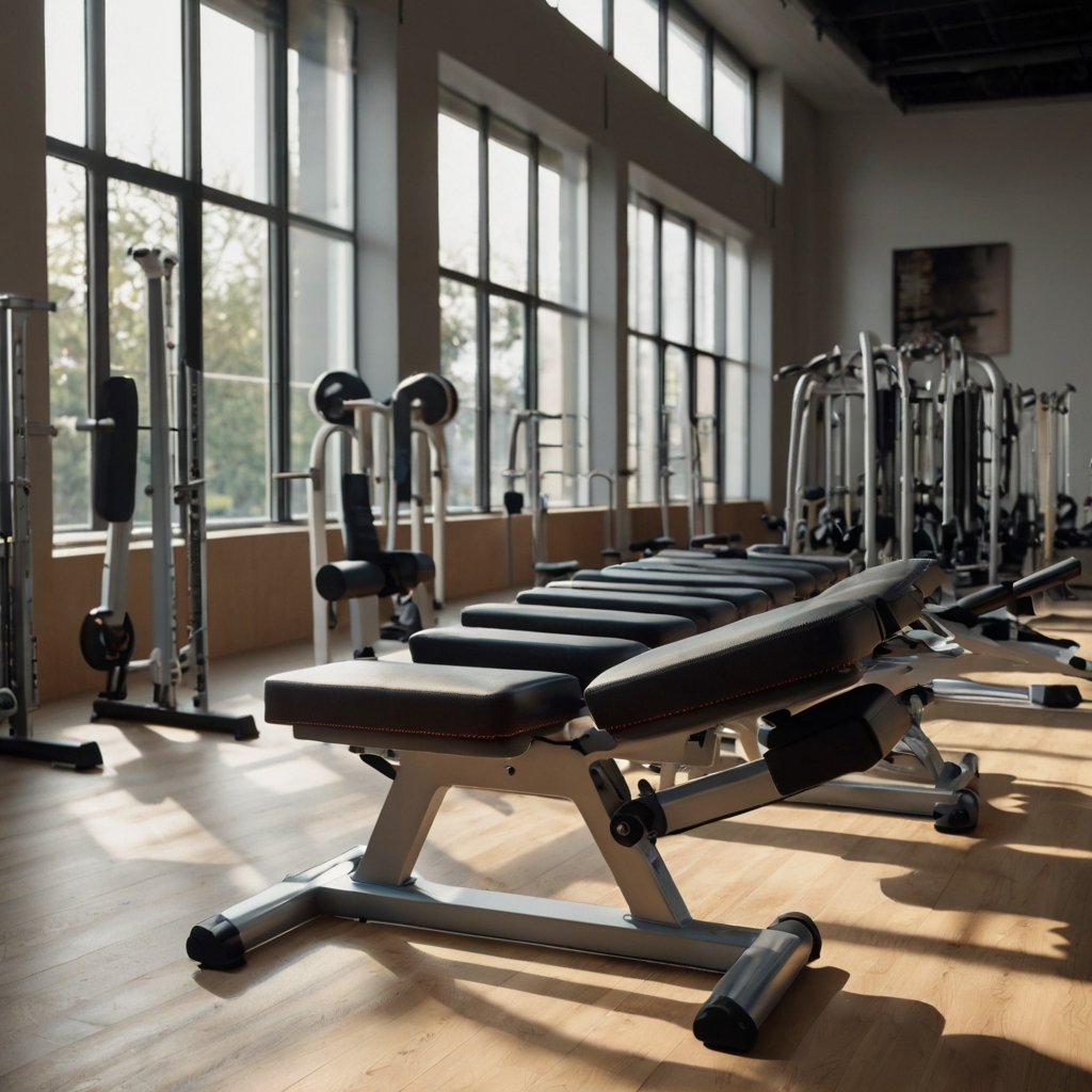 A gym with ergonomic furniture like adjustable benches designed to improve posture. Soft lighting and neutral decor create a comfortable, modern space.